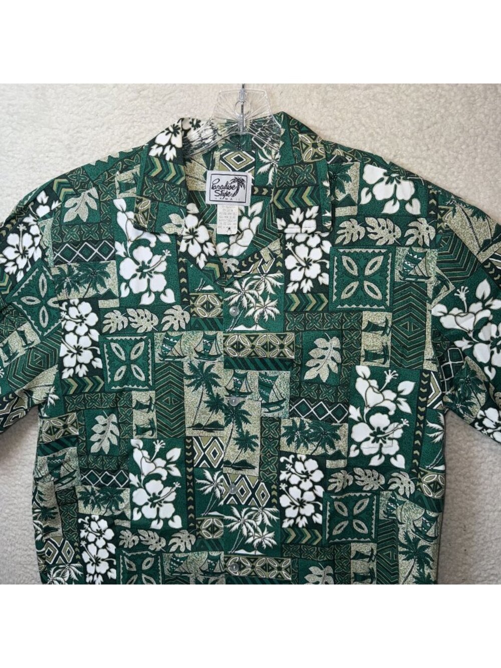 Vintage Paradise Style Hawaii Green Floral Hawaiian Shirt Short Sleeve Button-Up